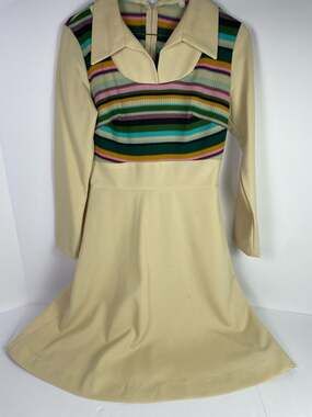 Vintage 70s Cream Long Sleeve Mod Dress with Striped Knit Bodice Size 10
